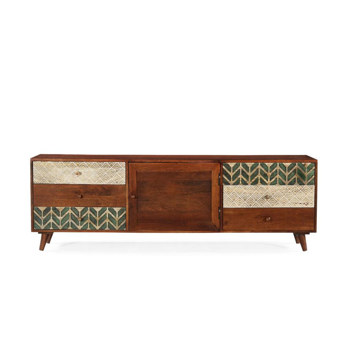 Solid Wood TV Unit with Patterned Drawer Panels