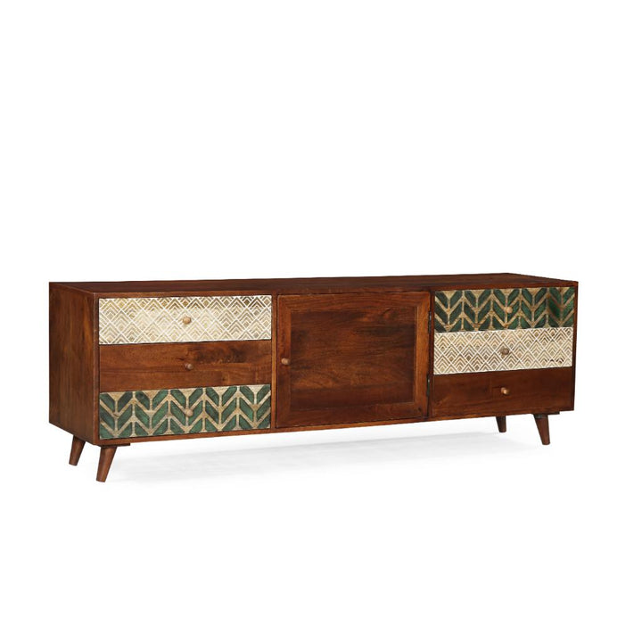 Solid Wood TV Unit with Patterned Drawer Panels