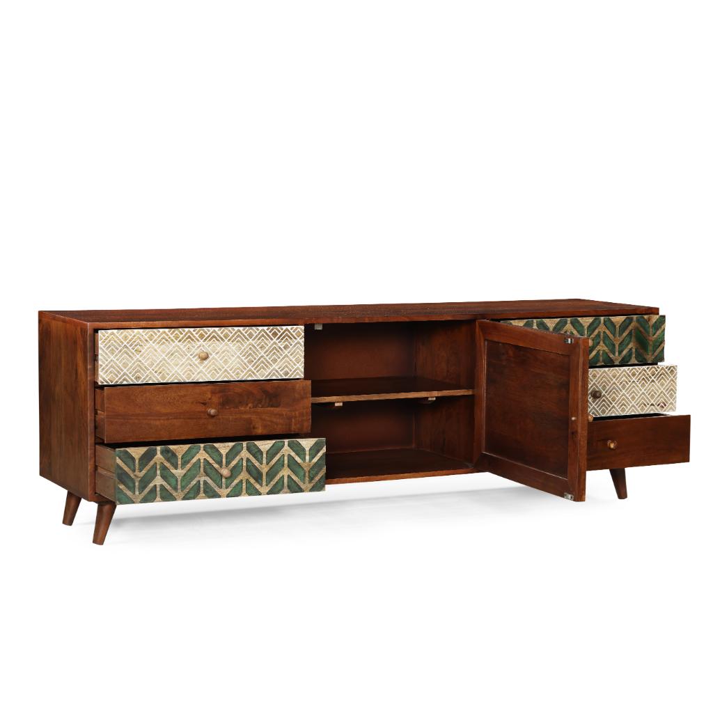 Solid Wood TV Unit with Patterned Drawer Panels
