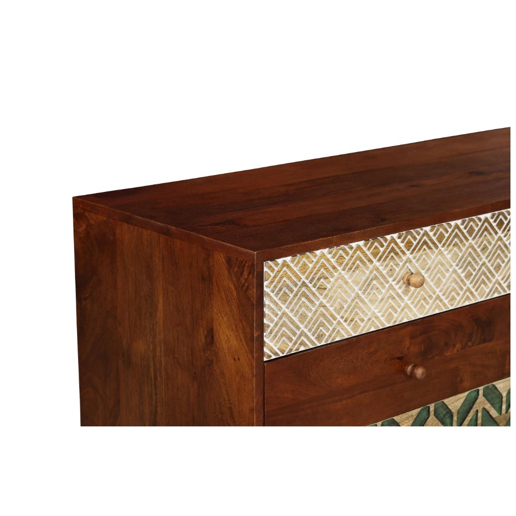 Solid Wood TV Unit with Patterned Drawer Panels