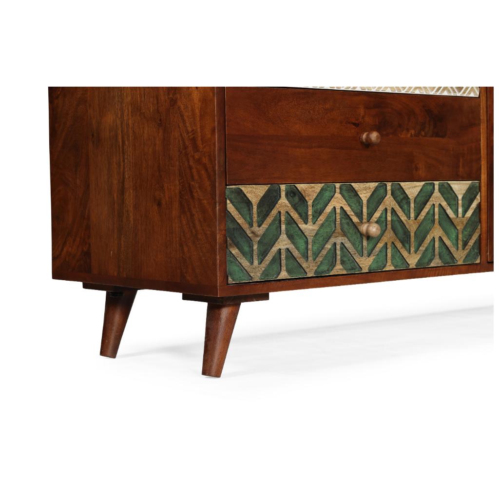 Solid Wood TV Unit with Patterned Drawer Panels