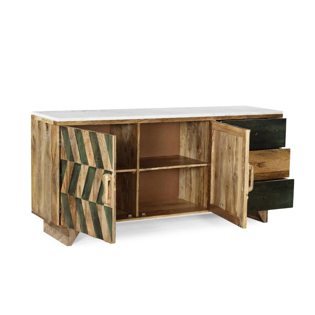 Solid Wood Sideboard with Geometric Pattern Panels