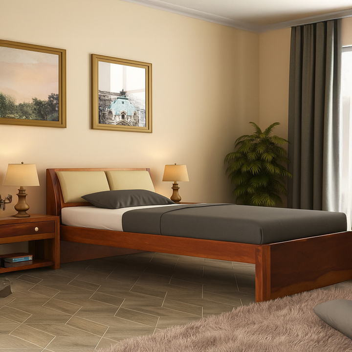 Modern Solid Wood Single Bed with Upholstered Headrest