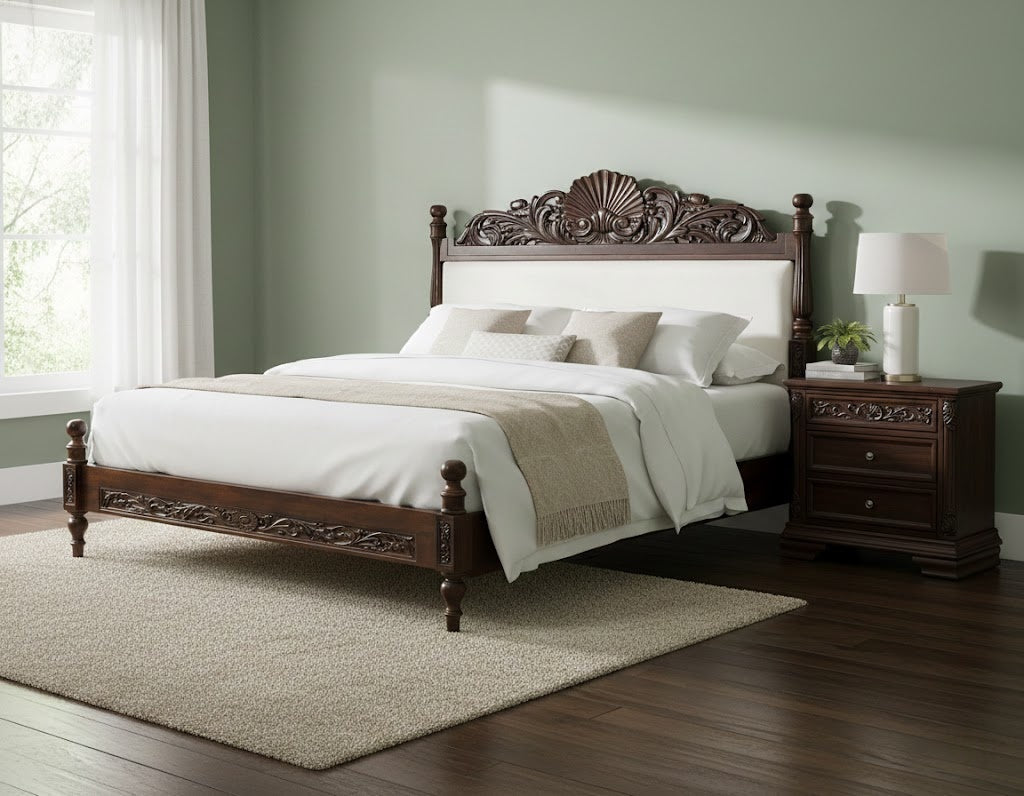 Imperial Shellwood Bedframe: A Regal Harmony of Carving & Comfort