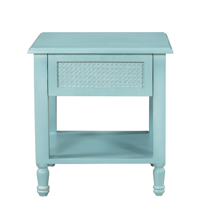 Azure Woven Nightstand: A Calm Blend of Texture & Timeless Charm