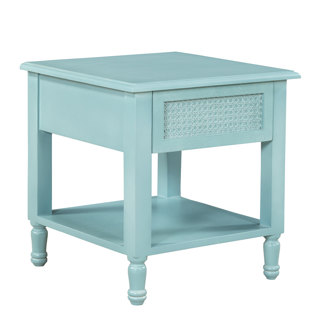 Azure Woven Nightstand: A Calm Blend of Texture & Timeless Charm