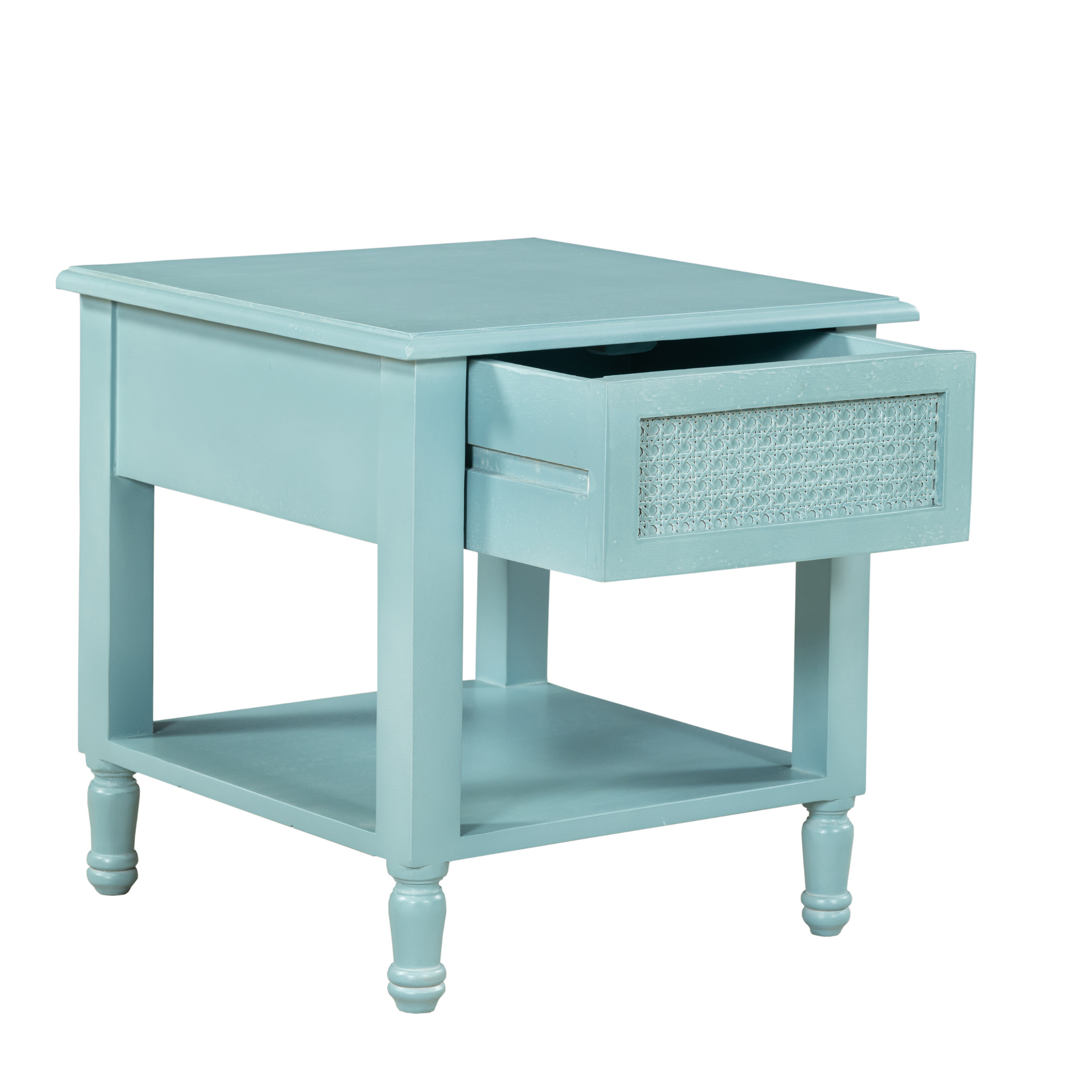 Azure Woven Nightstand: A Calm Blend of Texture & Timeless Charm