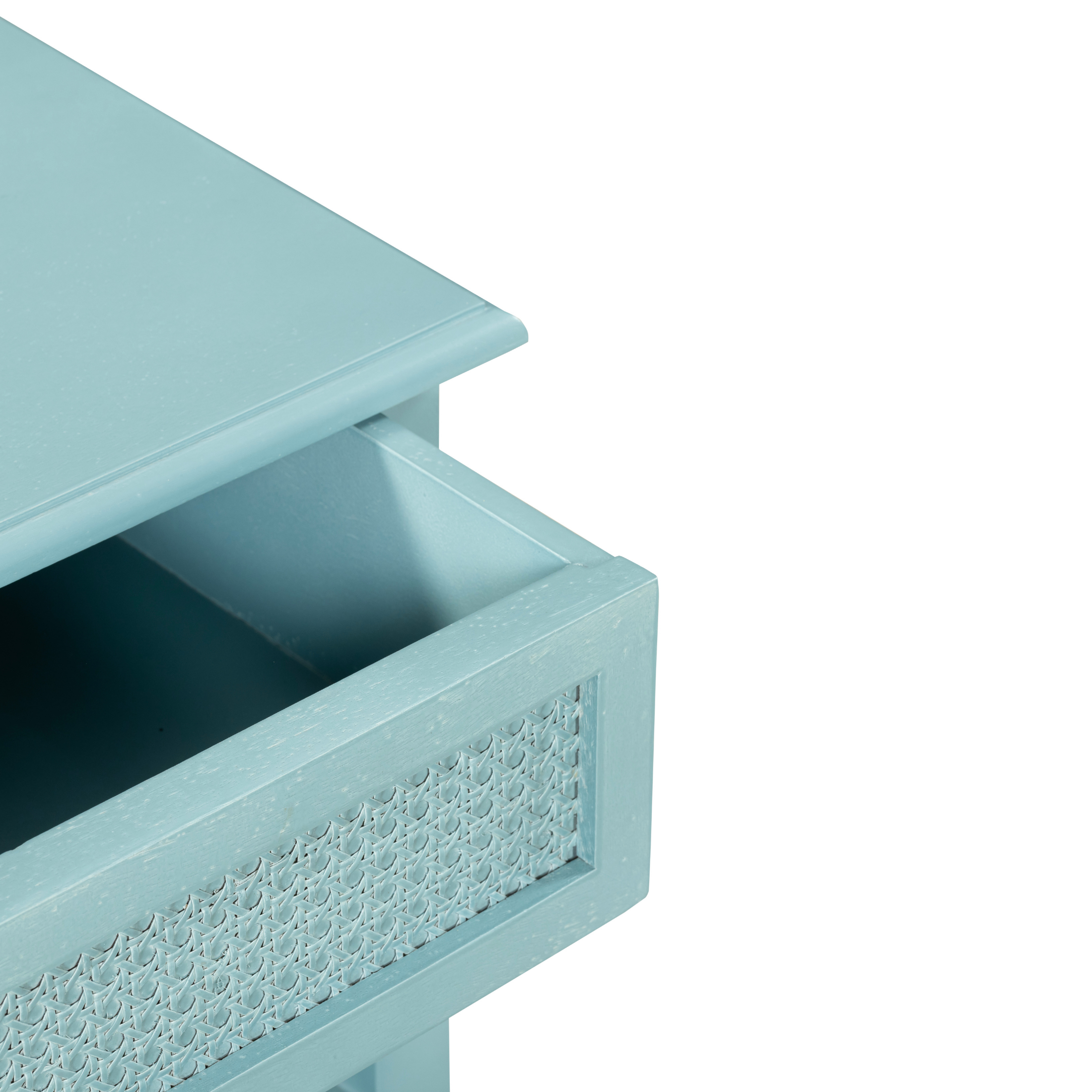 Azure Woven Nightstand: A Calm Blend of Texture & Timeless Charm