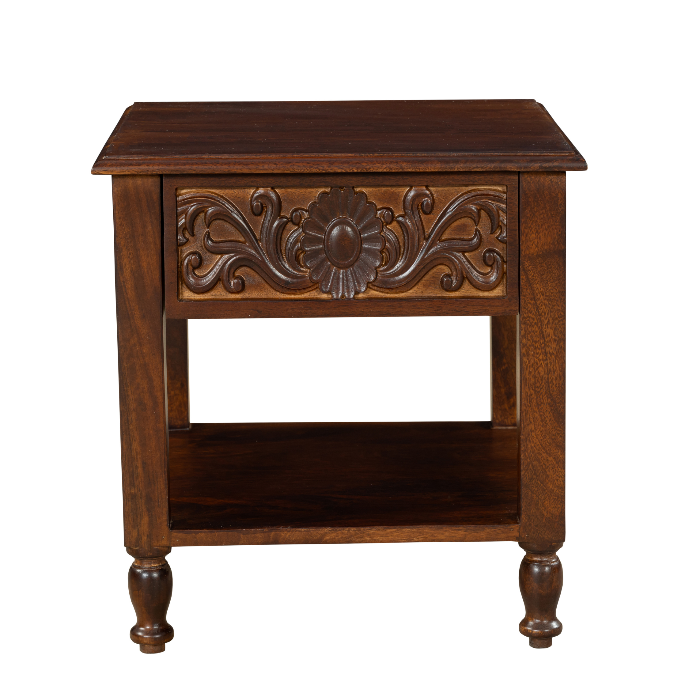 Regal Bloom Nightstand: A Sculpted Statement of Heritage & Warmth