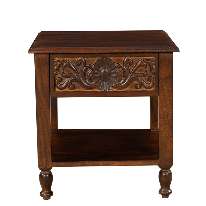 Regal Bloom Nightstand: A Sculpted Statement of Heritage & Warmth