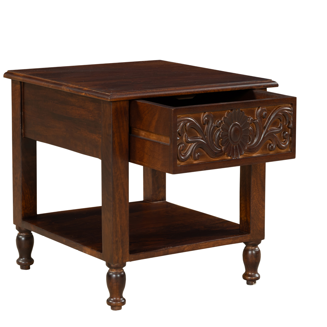 Regal Bloom Nightstand: A Sculpted Statement of Heritage & Warmth