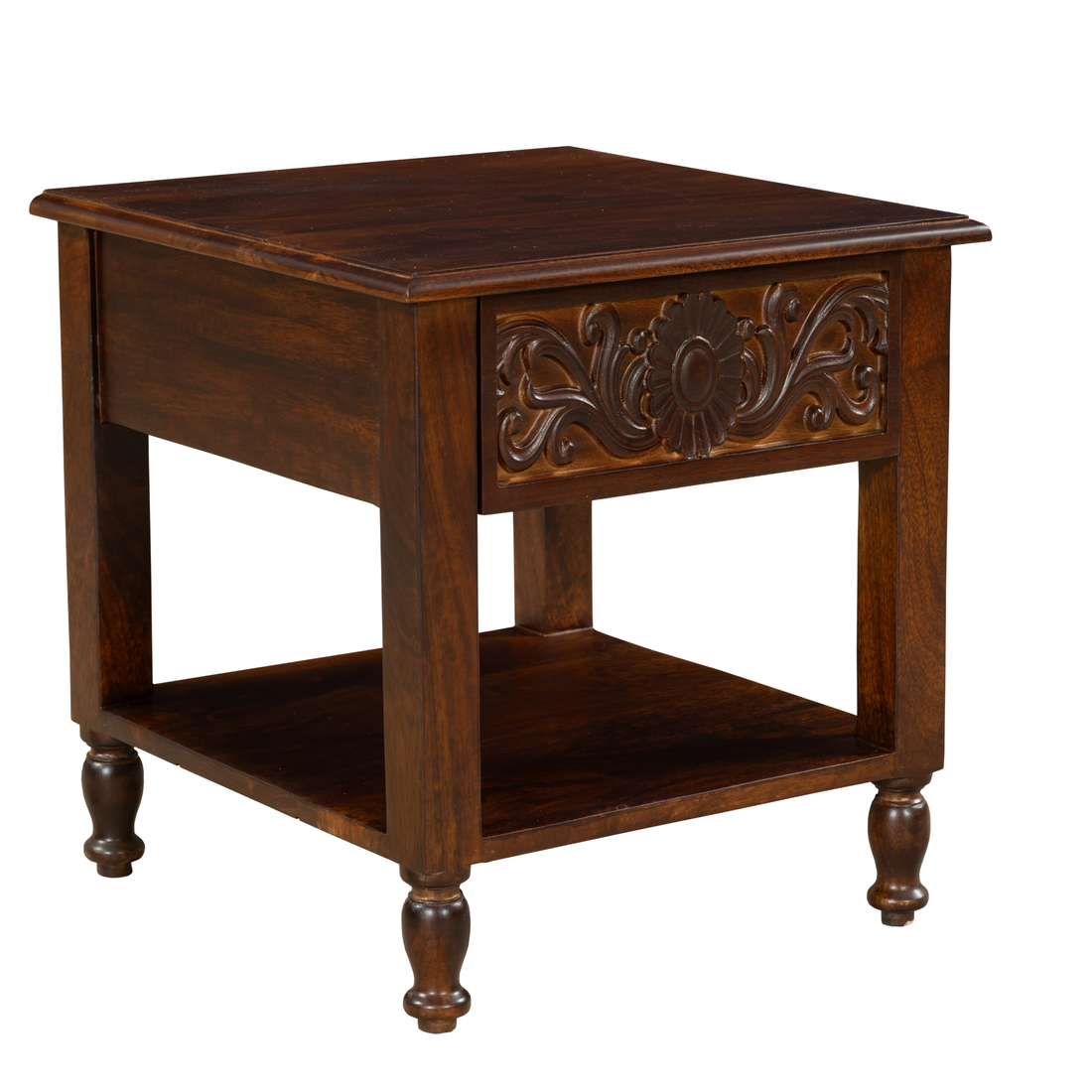 Regal Bloom Nightstand: A Sculpted Statement of Heritage & Warmth
