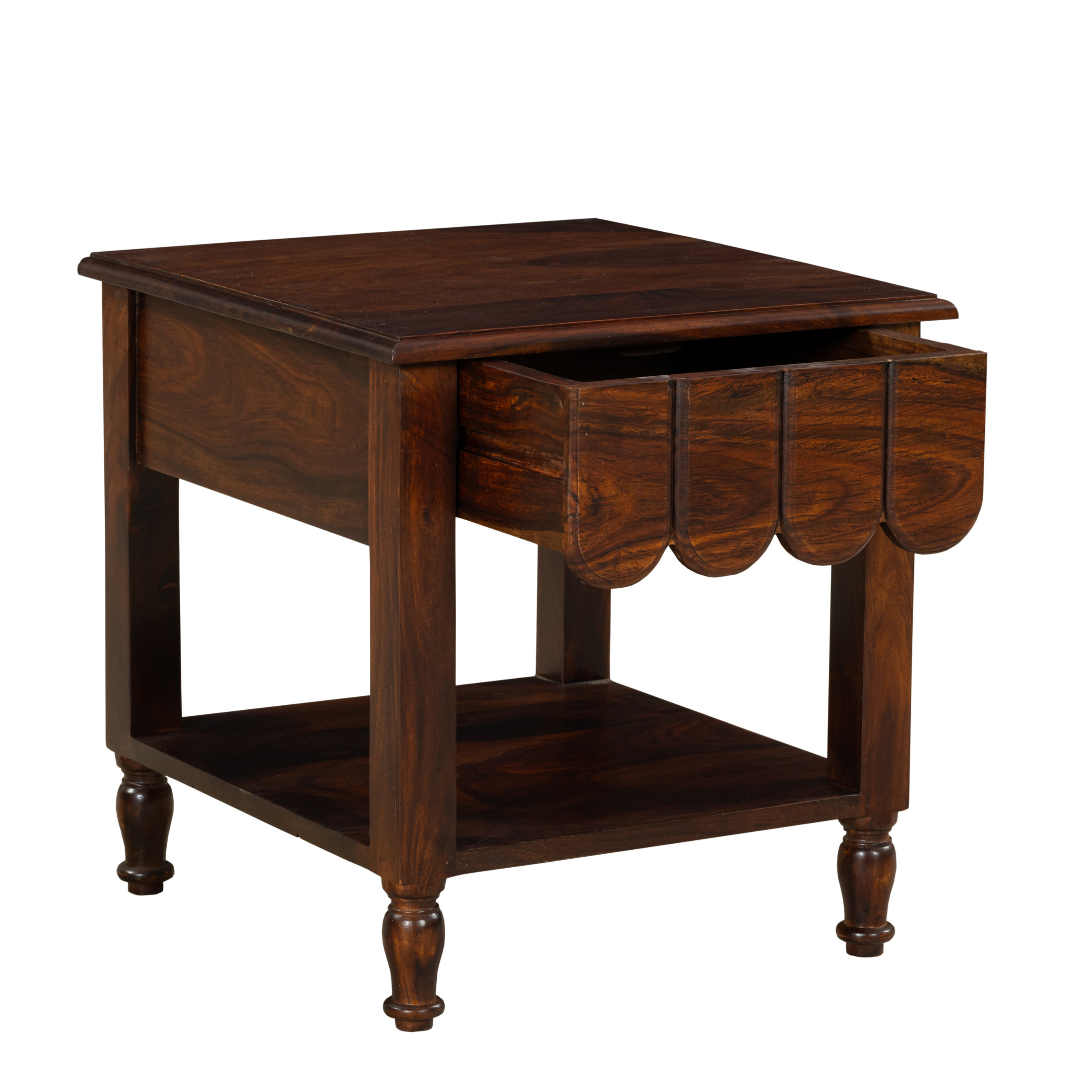 Heritage Scallop Nightstand: A Curved Classic in Rich Wood Tones