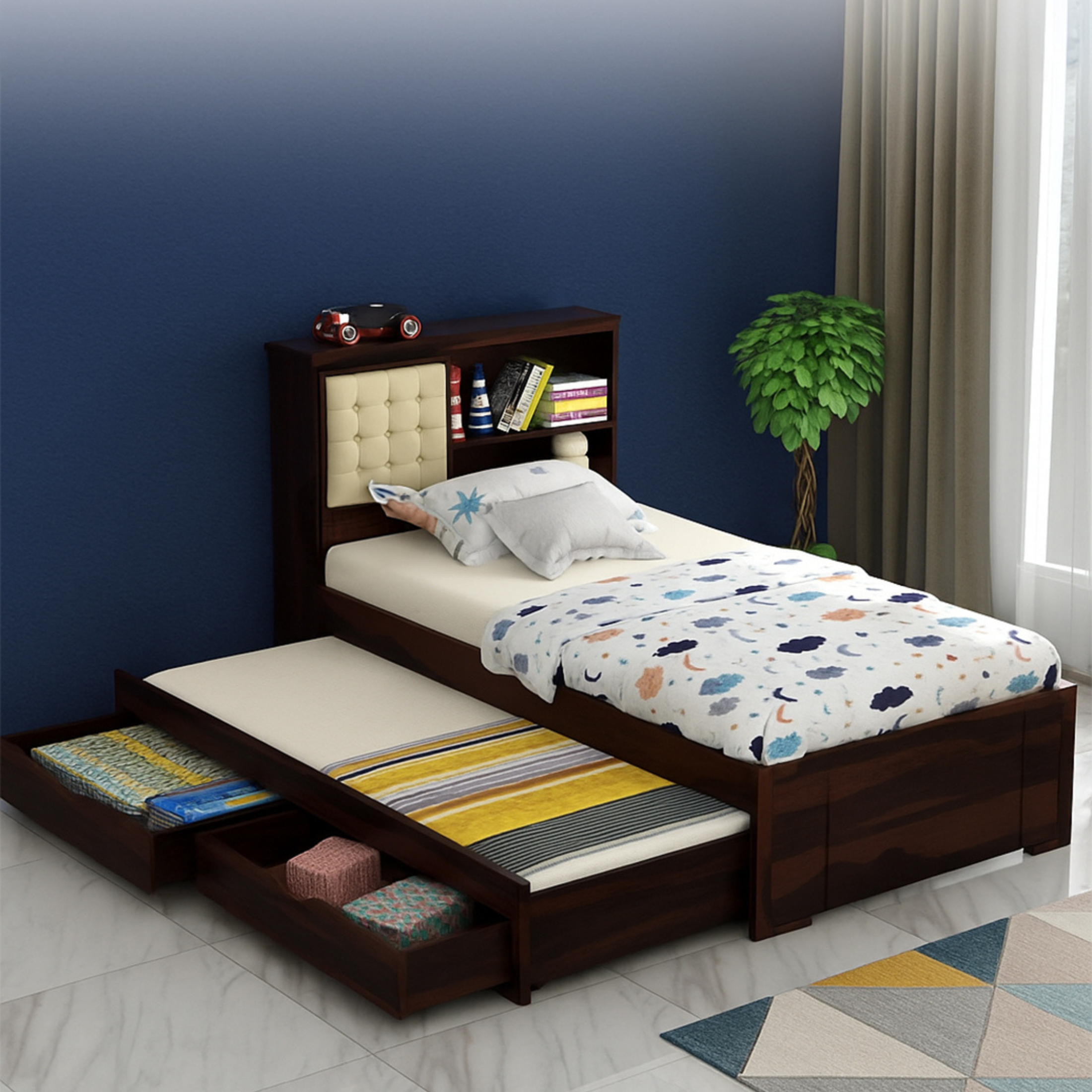 Heritage Mahogany Trundle Bed with Integrated Bookshelf