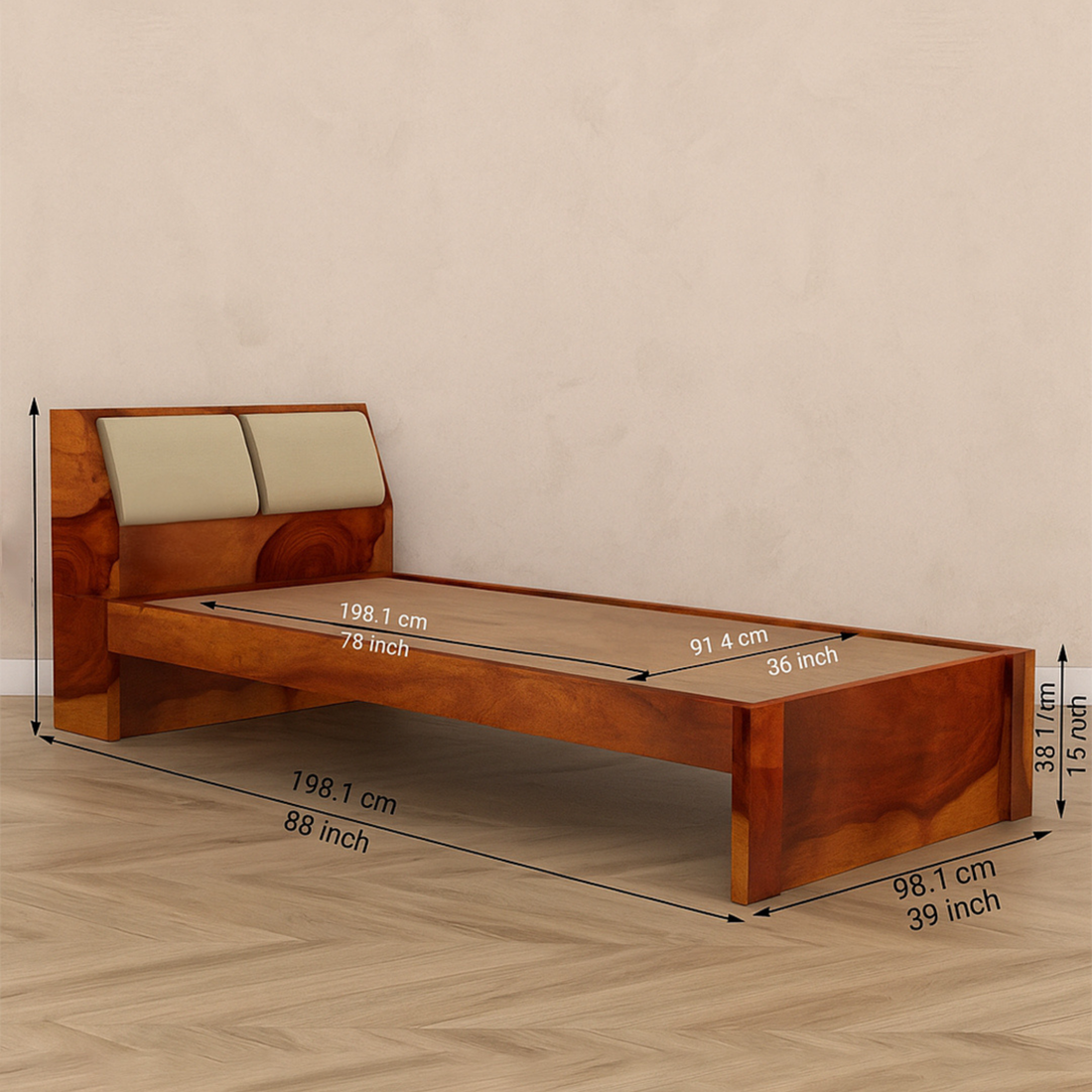Modern Solid Wood Single Bed with Upholstered Headrest