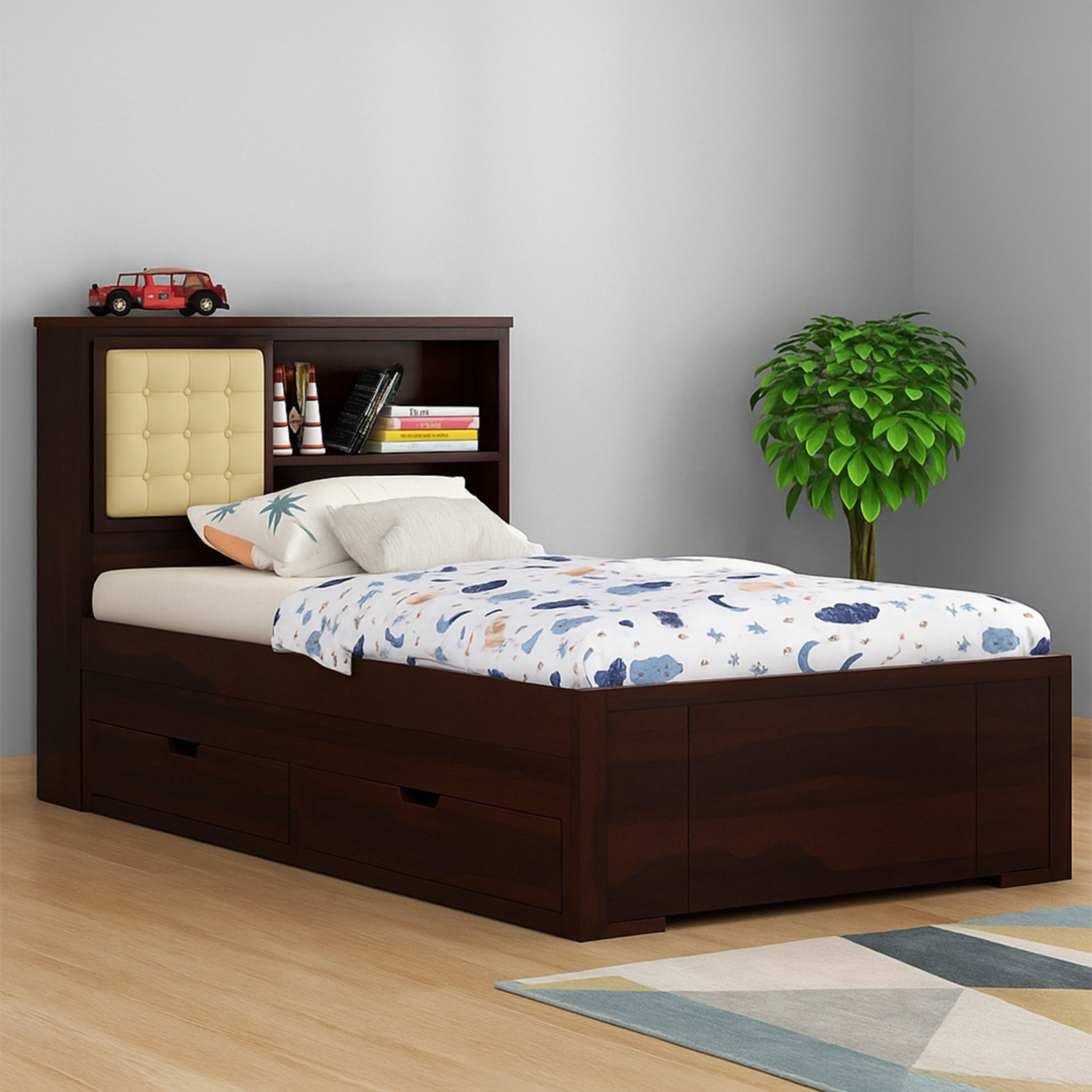 Heritage Mahogany Trundle Bed with Integrated Bookshelf