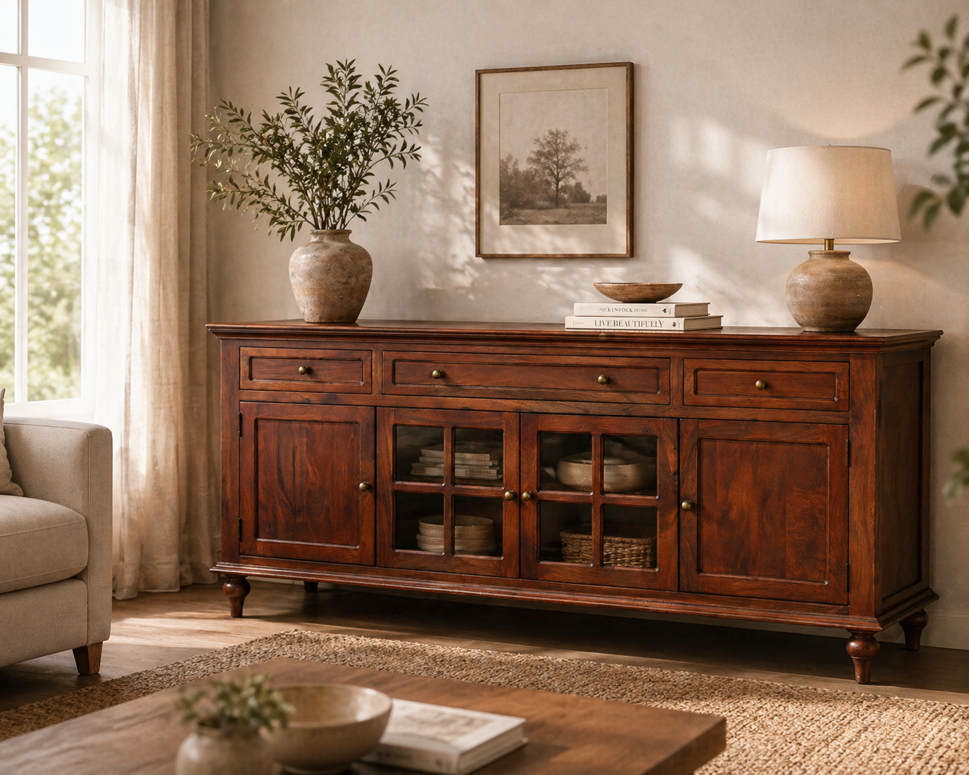 RegalCraft Solid Wood Sideboard Cabinet with Glass Panels