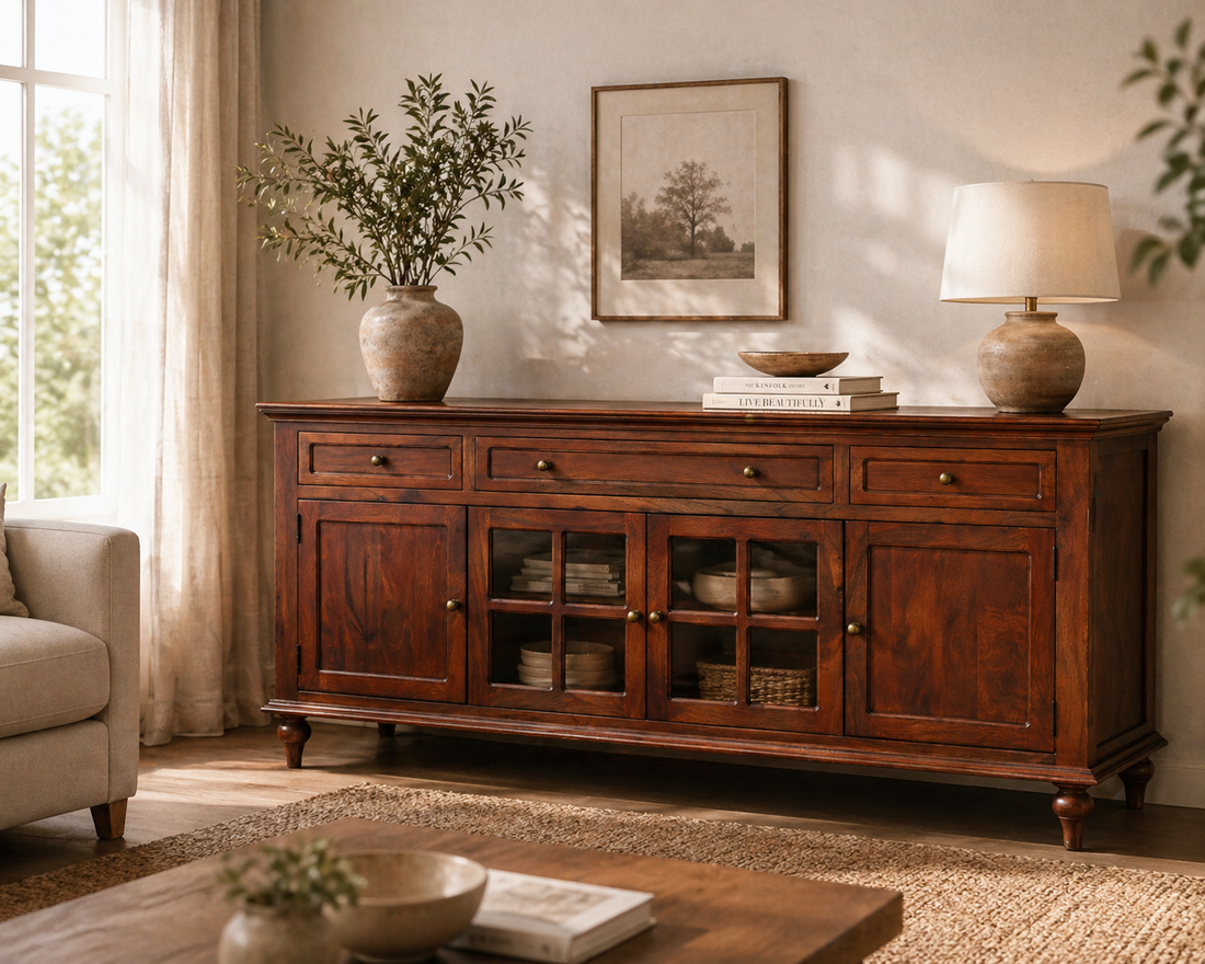 RegalCraft Solid Wood Sideboard Cabinet with Glass Panels