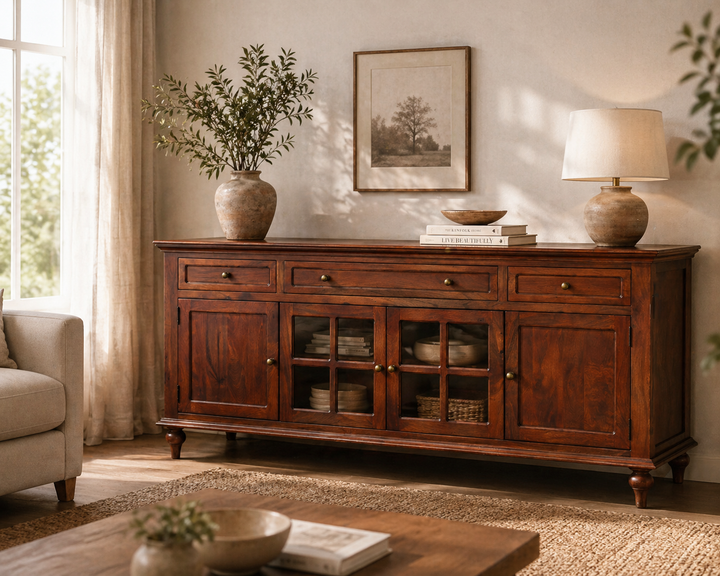 RegalCraft Solid Wood Sideboard Cabinet with Glass Panels