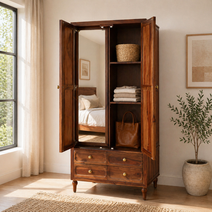 MirrorCraft Solid Wood Wardrobe with Drawer Storage
