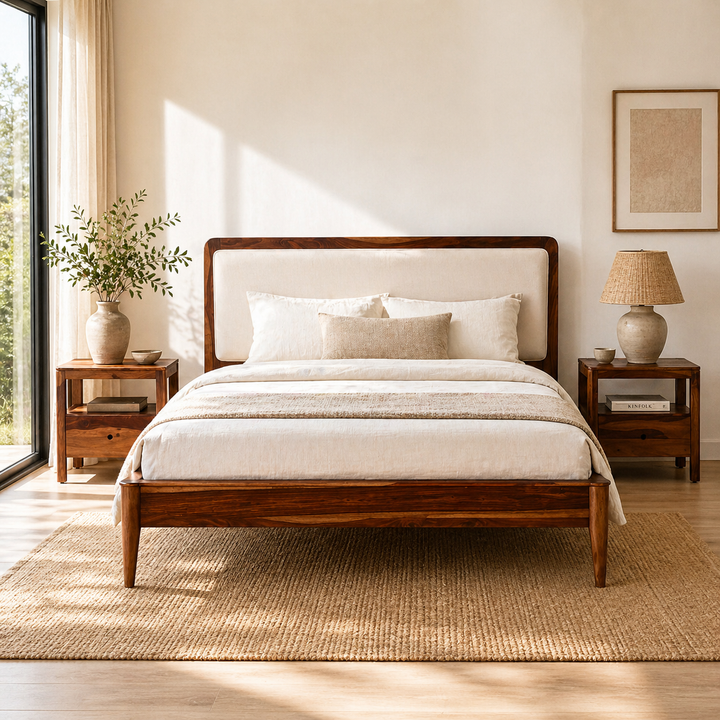 Serene Craft Solid Wood Bed with Upholstered Headboard & Side Tables