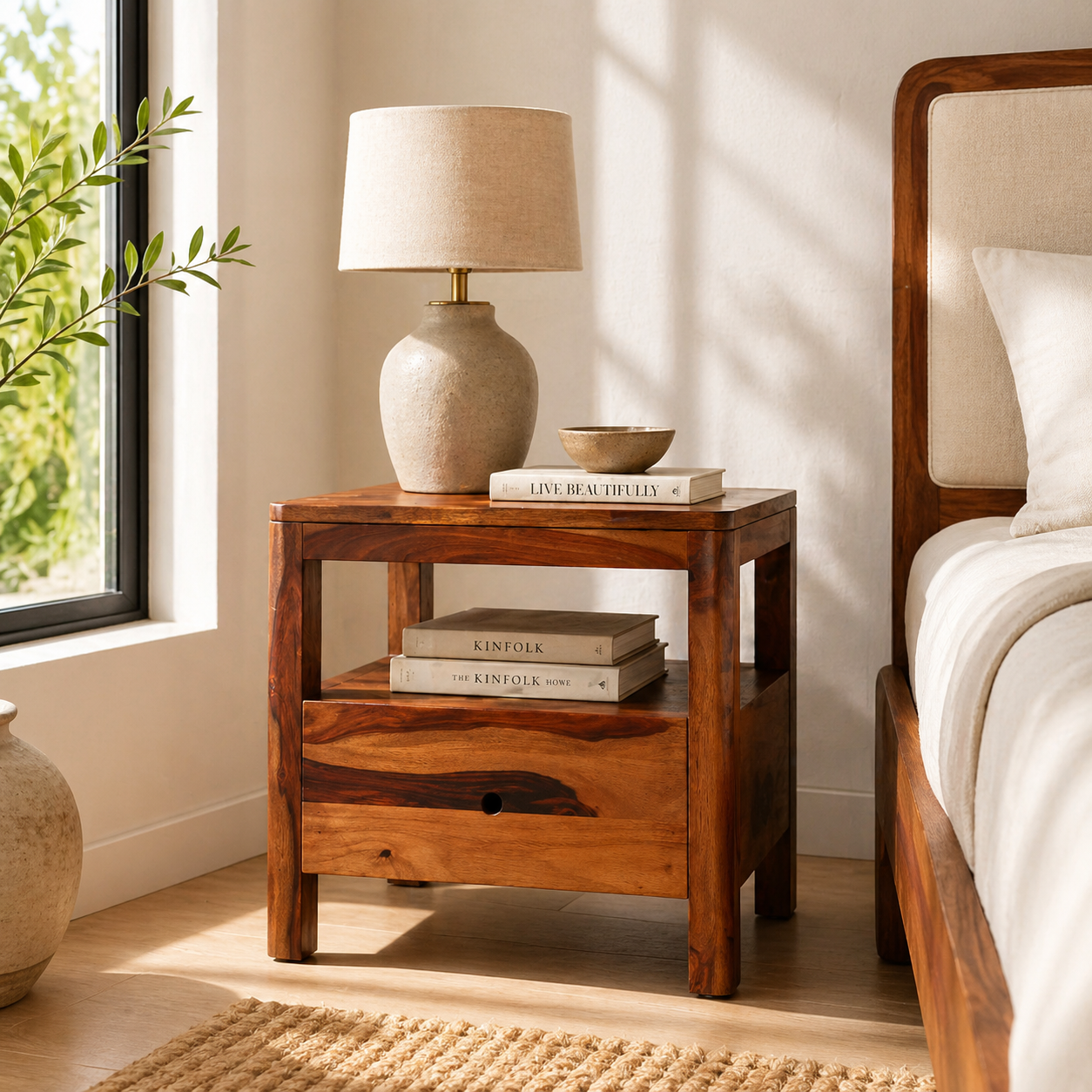Compact Craft Solid Wood Bedside Table with Drawer & Shelf