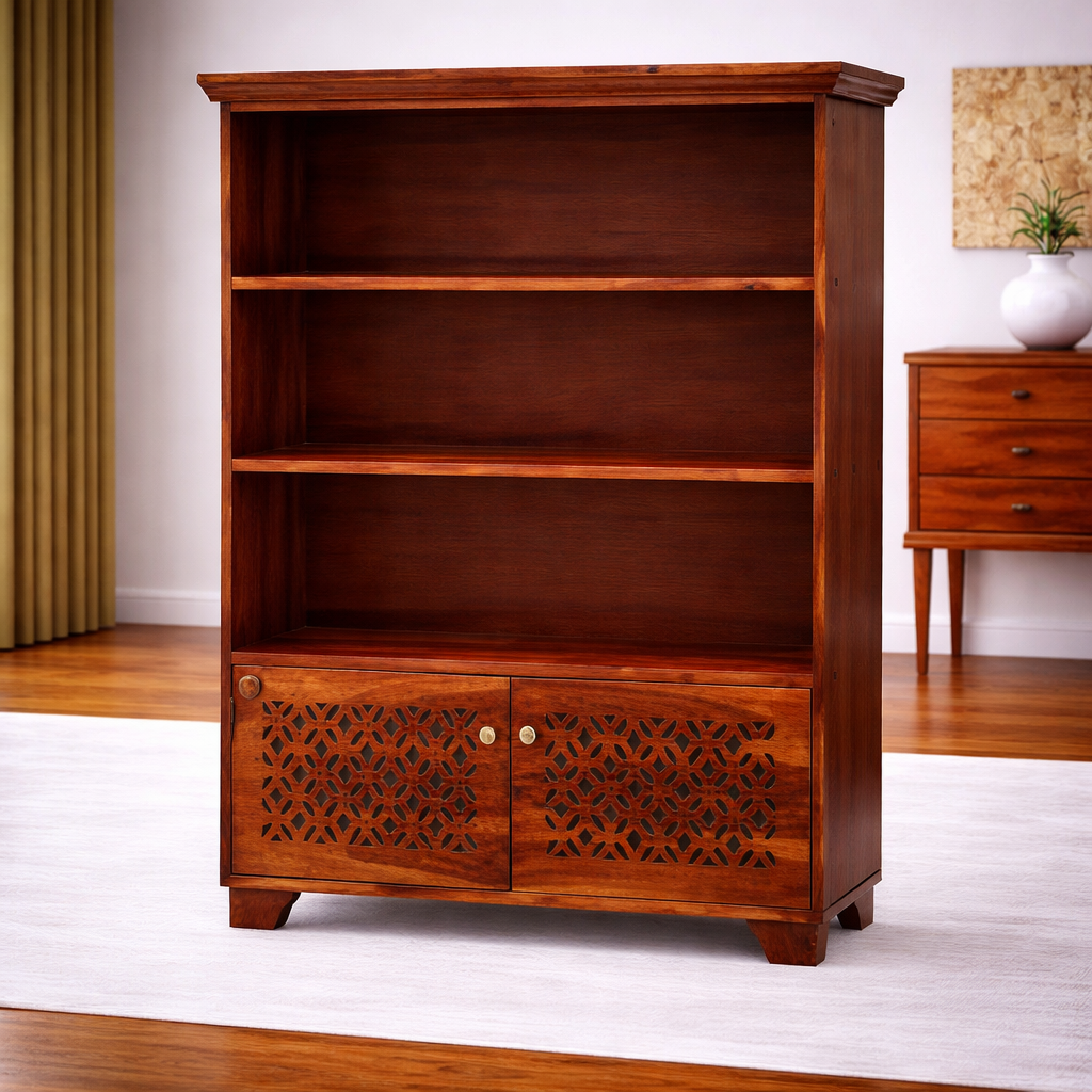 The Artisan Three-Tier Bookshelf with Geometric Latticework Doors