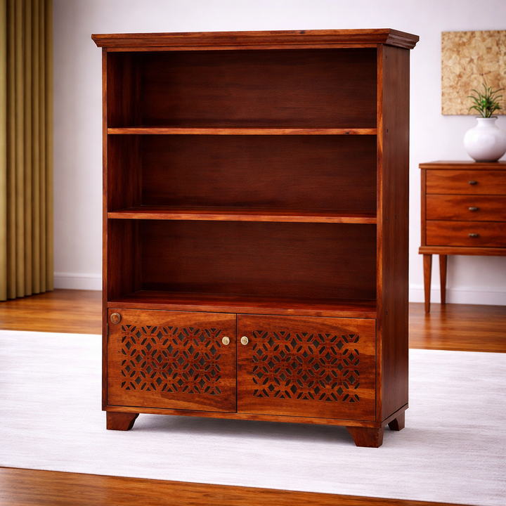 The Artisan Three-Tier Bookshelf with Geometric Latticework Doors