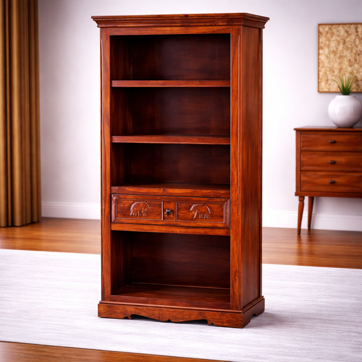 The Artisan Heritage Three-Tier Bookshelf with Carved Drawer
