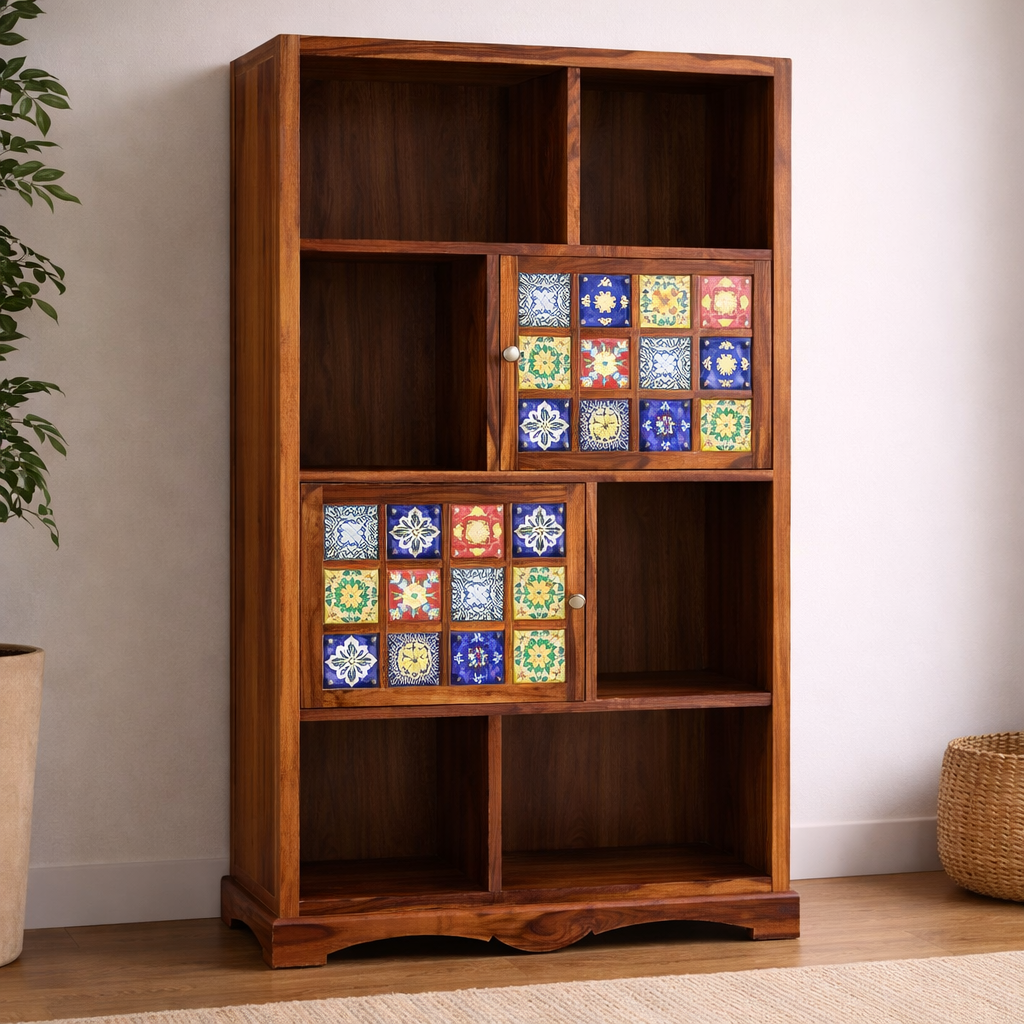 The Artisan Multi-Niche Bookshelf with Floral Ceramic Inlays