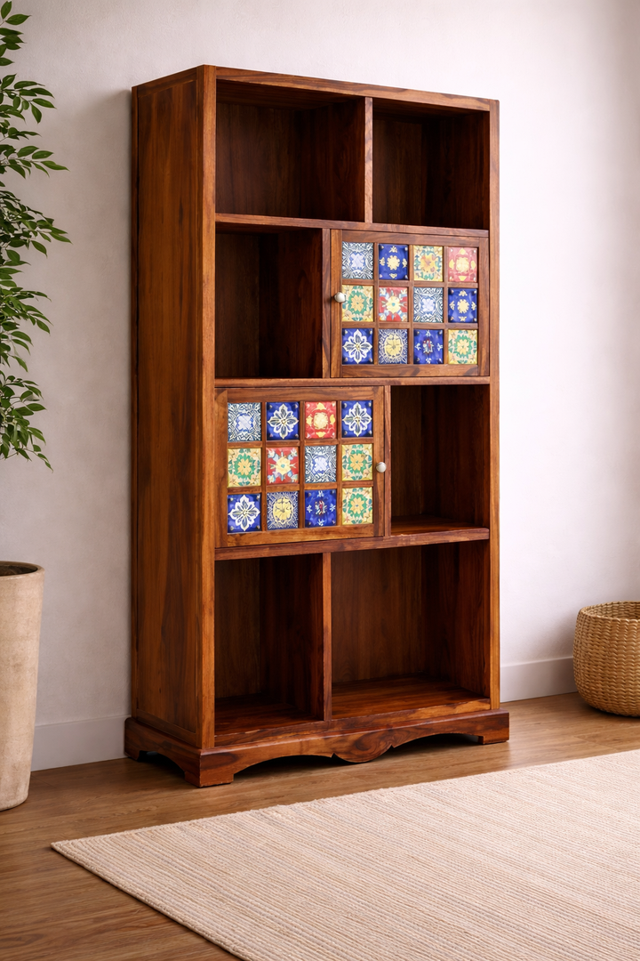 The Artisan Multi-Niche Bookshelf with Floral Ceramic Inlays