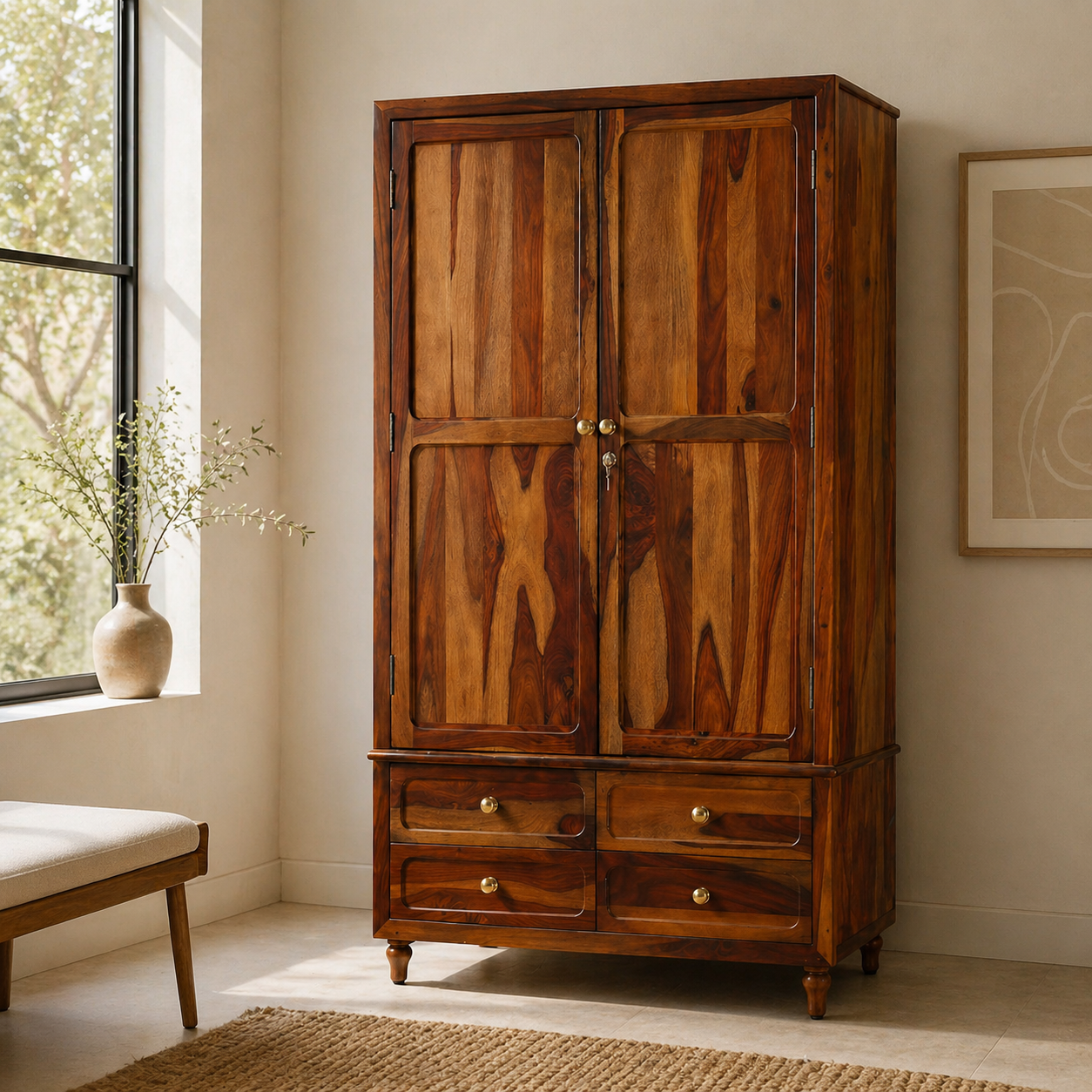 DualCraft Solid Wood Double Wardrobe with Drawer Storage