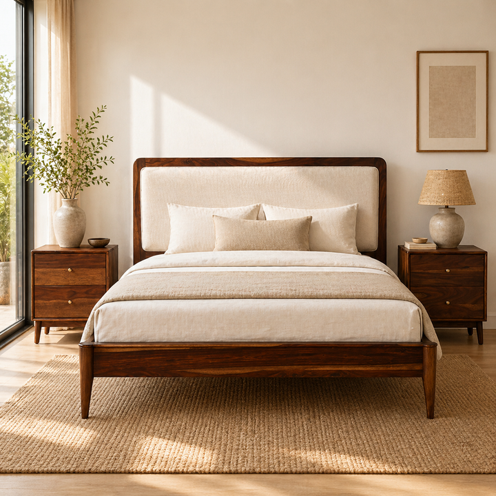 Harmony Craft Solid Wood Bed with Upholstered Headboard & Drawer Side Tables