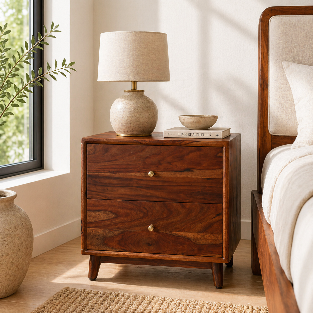 Urban Craft Solid Wood Bedside Table with Dual Drawers