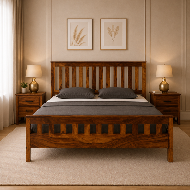 Solid Wood Slatted Mission-Style Bed Frame