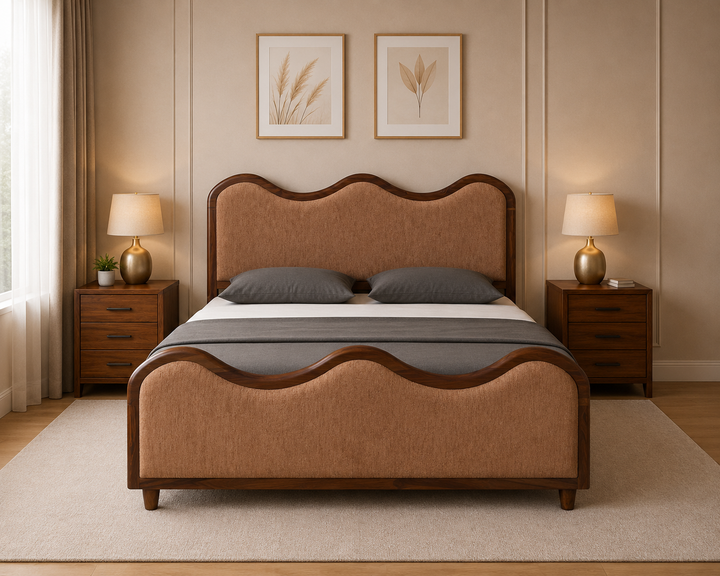Upholstered Wooden Wave Design Bed with hydrolic storage