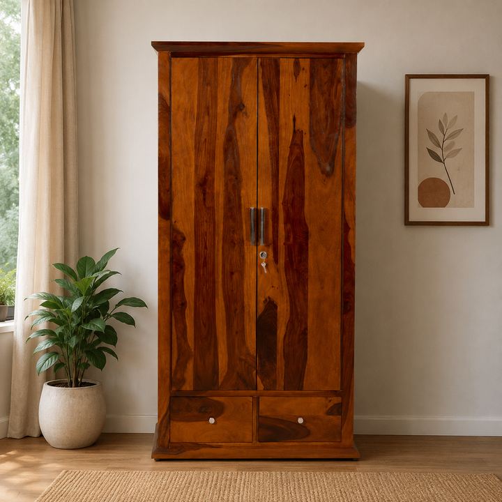Solid Wood Double Door Wardrobe with Drawers