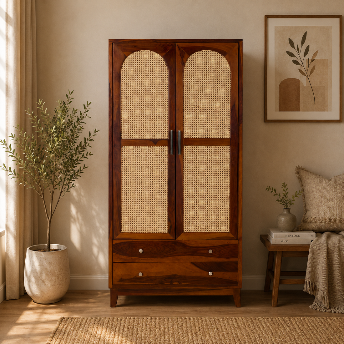 Raghav Solid Wood Wardrobe with Cane Panel Doors