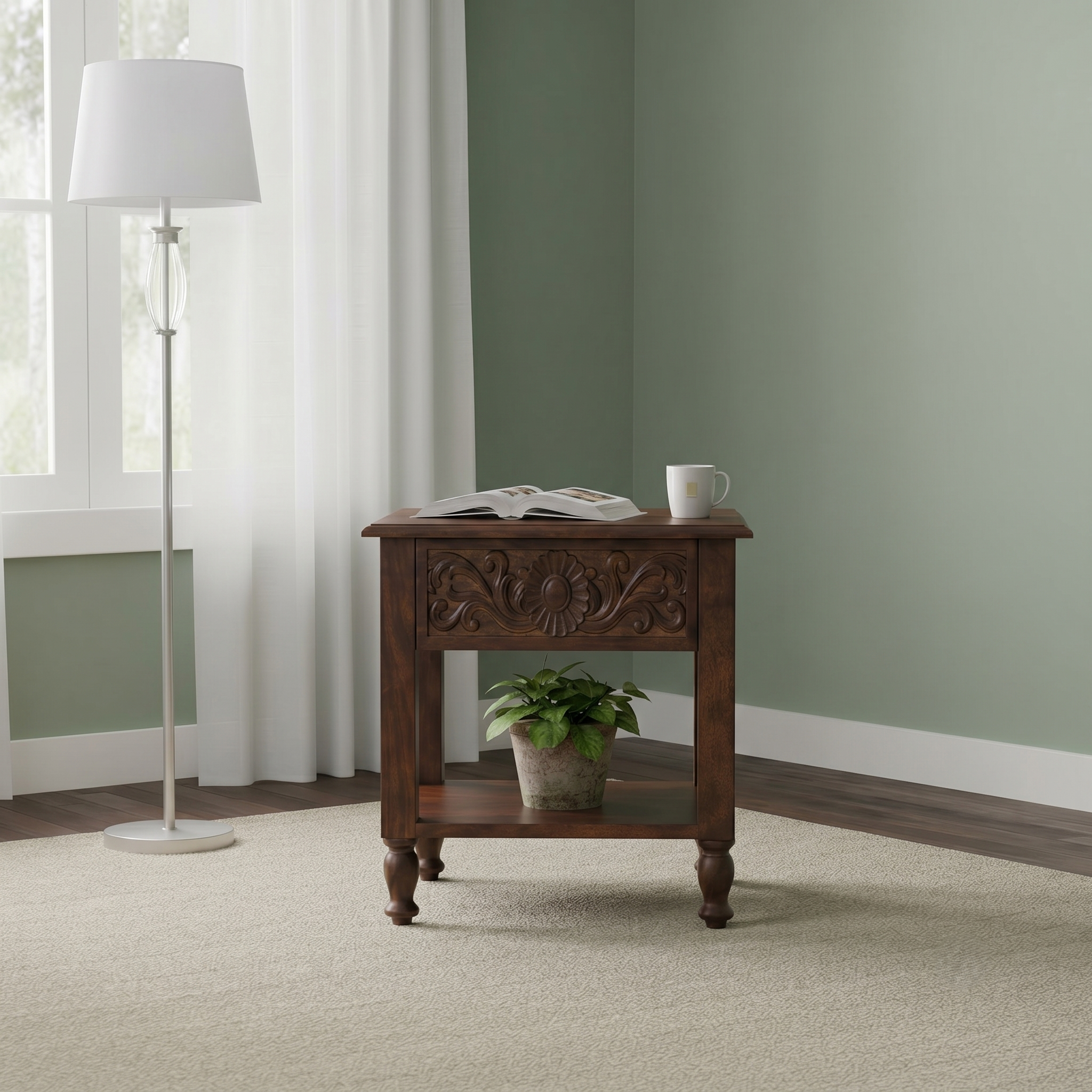 Regal Bloom Nightstand: A Sculpted Statement of Heritage & Warmth