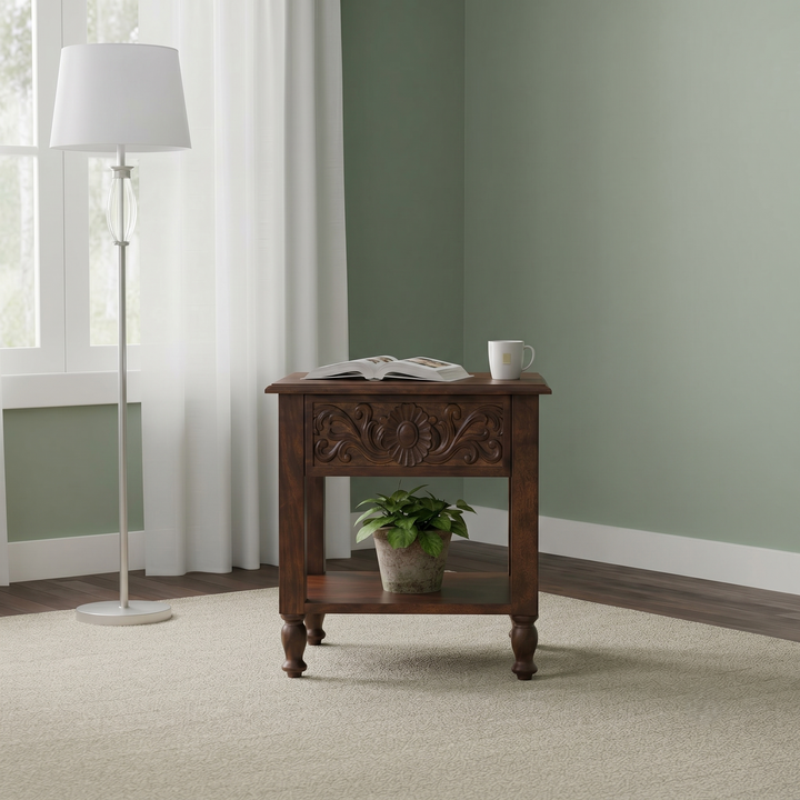 Regal Bloom Nightstand: A Sculpted Statement of Heritage & Warmth