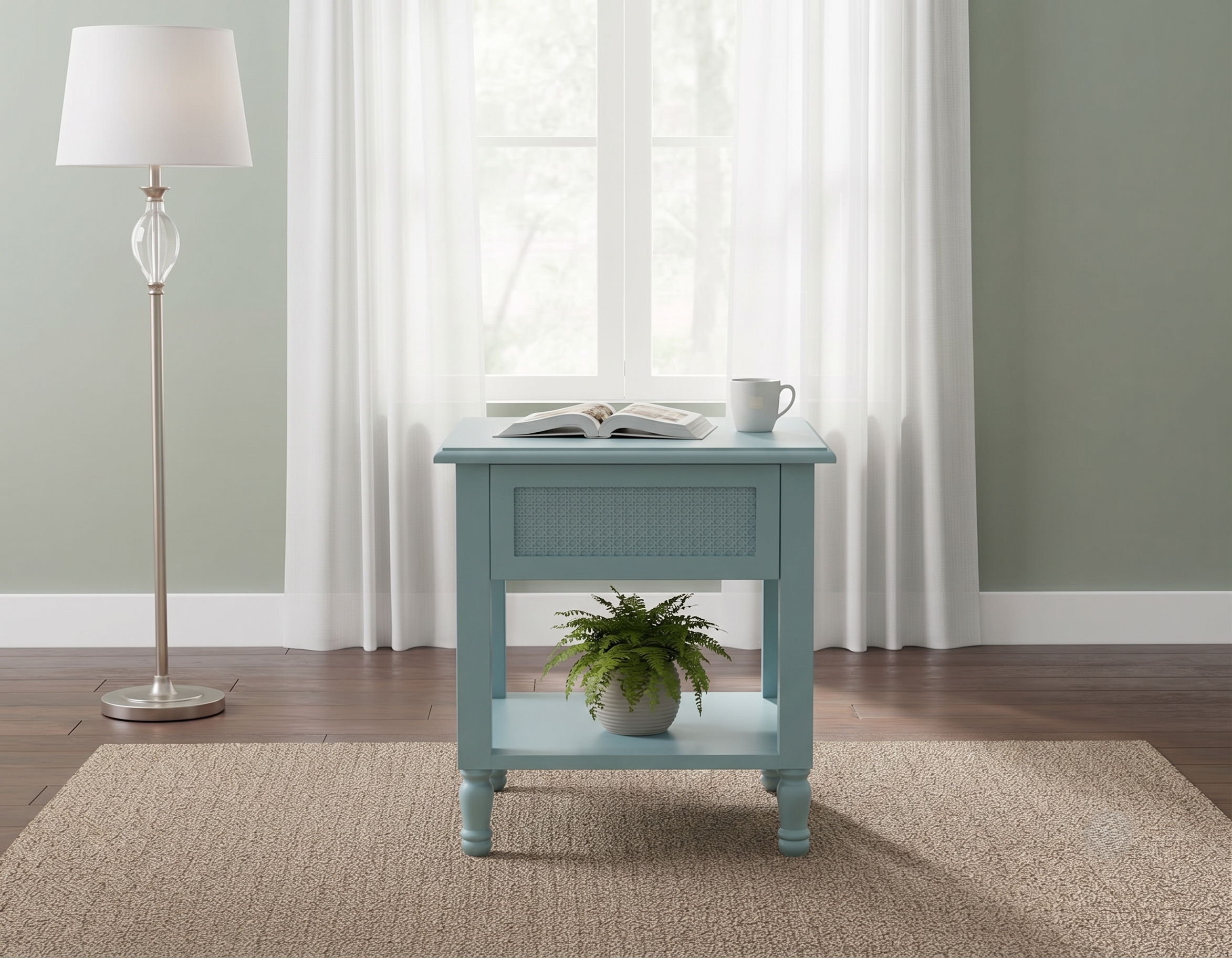 Azure Woven Nightstand: A Calm Blend of Texture & Timeless Charm