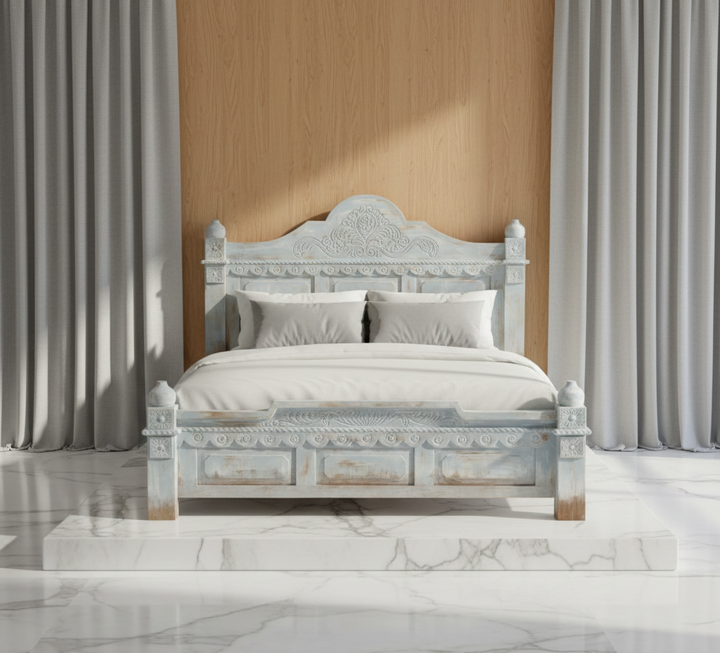 The Artisan Whitewash Carved Bed