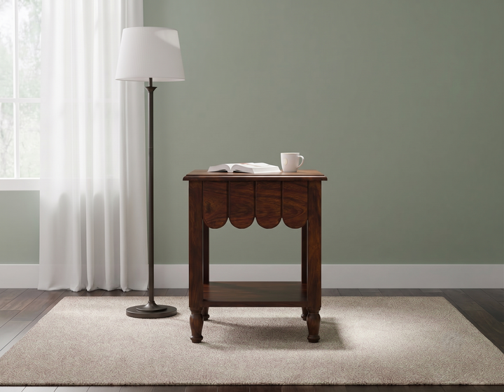 Heritage Scallop Nightstand: A Curved Classic in Rich Wood Tones