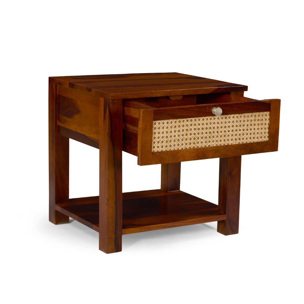 Kabir Solid Wood Bedside Table with Cane Drawer