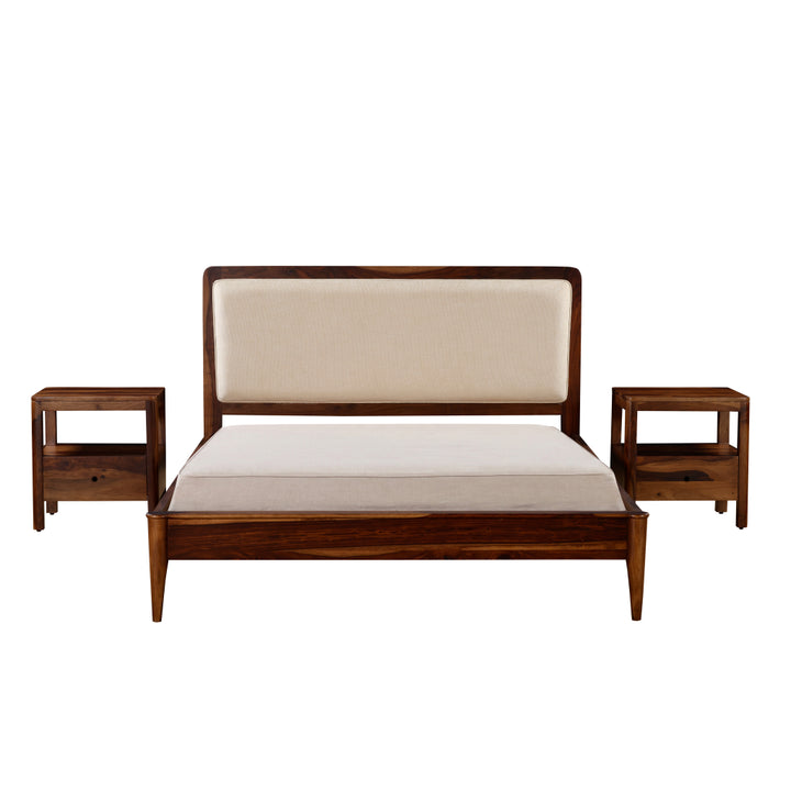 Serene Craft Solid Wood Bed with Upholstered Headboard & Side Tables