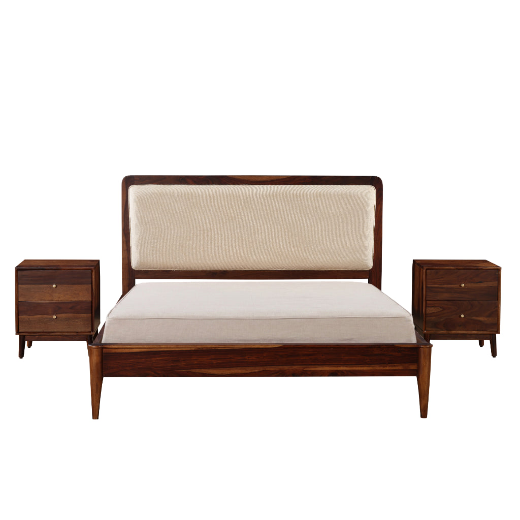 Harmony Craft Solid Wood Bed with Upholstered Headboard & Drawer Side Tables