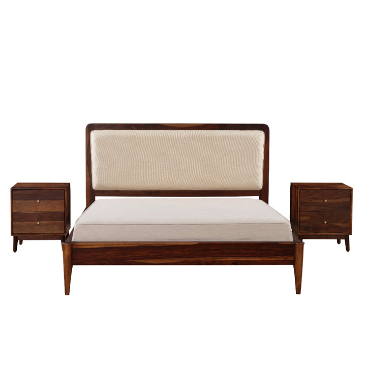 Harmony Craft Solid Wood Bed with Upholstered Headboard & Drawer Side Tables