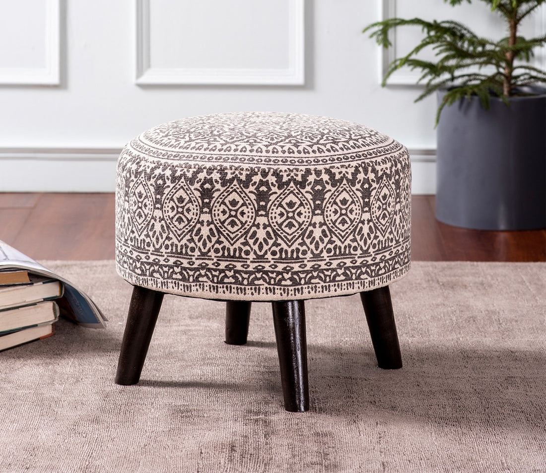 Nestroots Grey Cotton Canvas Wooden Ottoman