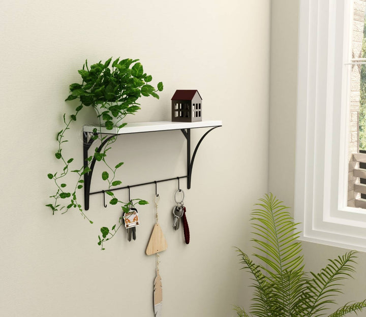 Hedwig Wooden Wall Mounted Shelf With 4 Hanging Metal Hooks