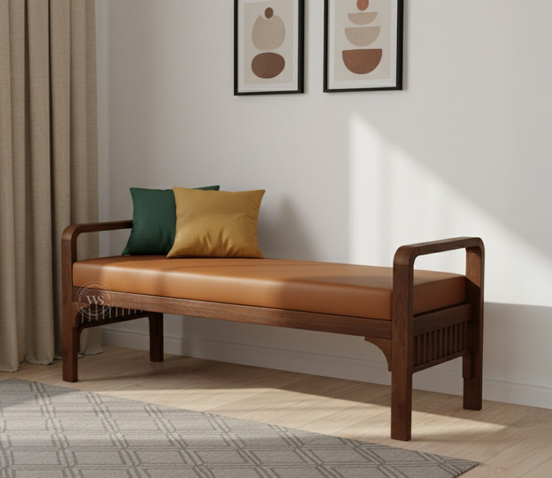 Elle Mango Wood Upholstered Bench with Ginger Bread Leatherette